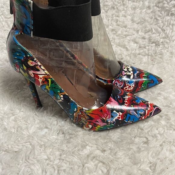 Dollhouse Graffiti print multi color ankle strap heels back zipper  SZ9 - Picture 2 of 13